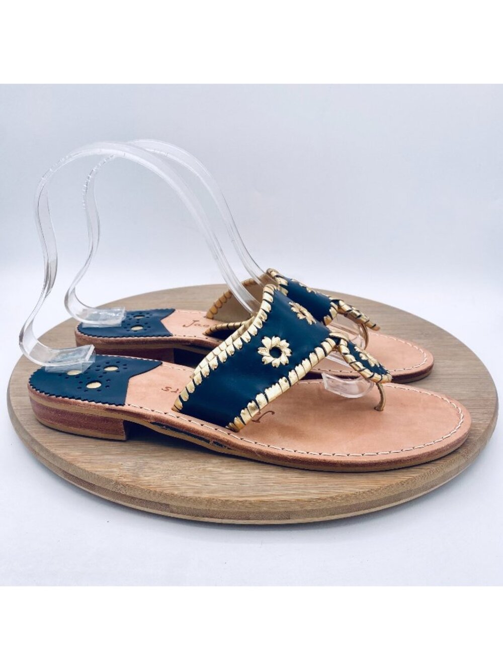 Jack Rogers Sandals Womens 8 Blue Gold Leather Slip On Nantucket Flip Flops